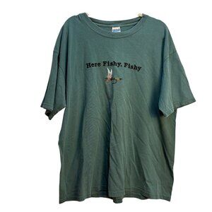 Gildan Activewear Ultra Cotton "Here Fishy‎ Fishy" Graphic T-Shirt XL Green